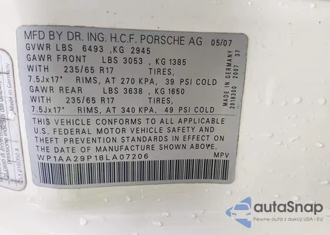 2008 Porsche Cayenne z USA, uszkodzony, nr VIN WP1AA29P18LA07206